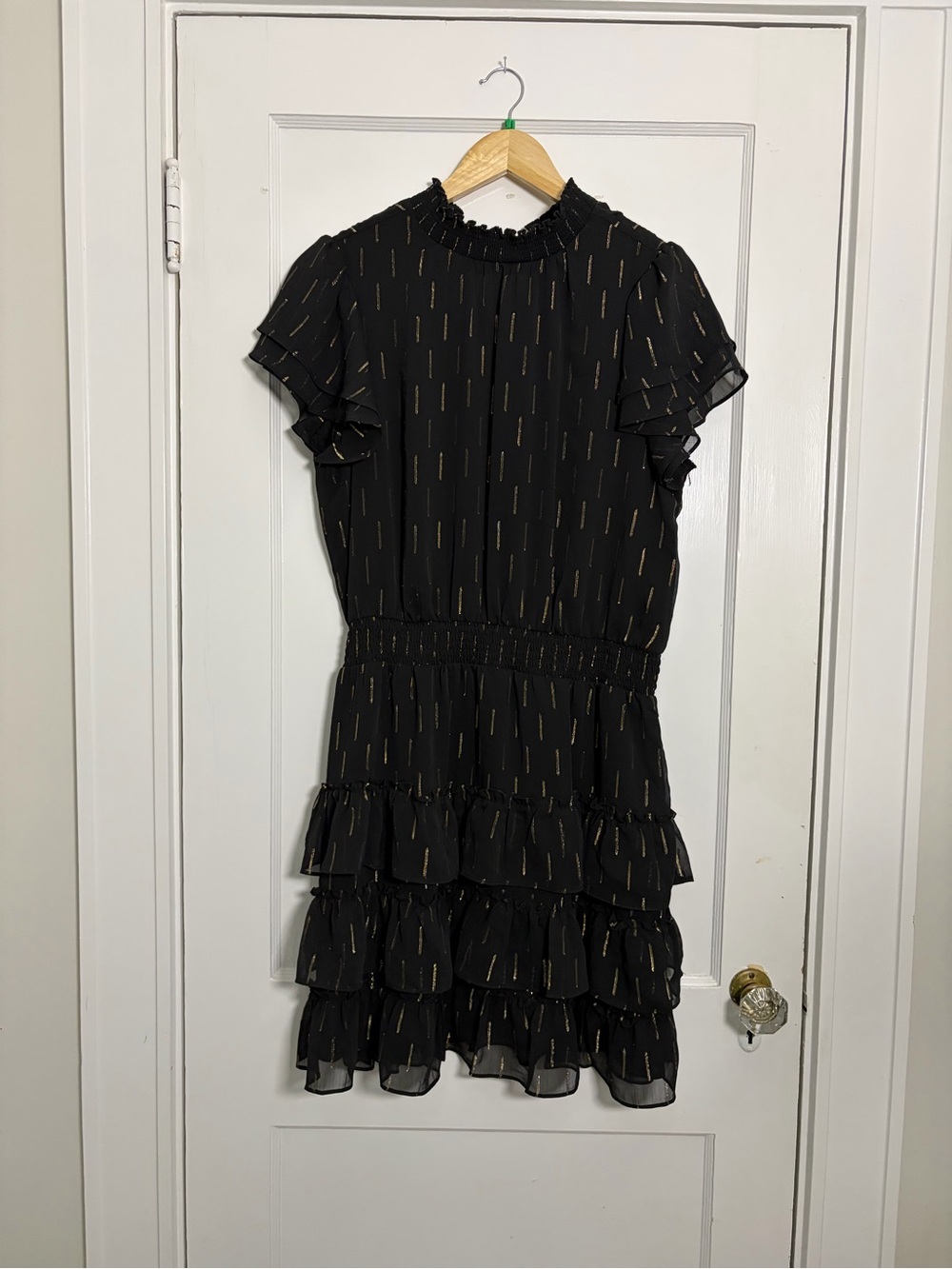 Black Ruffle Tiered Dress with Gold Metallic Detail